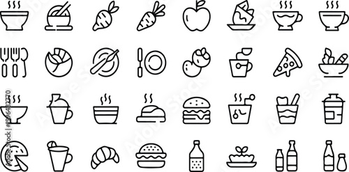 Vegetable dish poke bowl healthy salad set meal line icons with pizza pasta spaghetti burger breakfast fish juice apple carrot vector illustration
