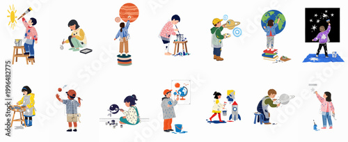 Set of diverse children engaged in creative space art, painting planets and stars on various surfaces, isolated on white background.