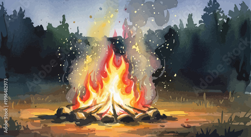 Vibrant Campfire Burning Brightly in Dark Forest