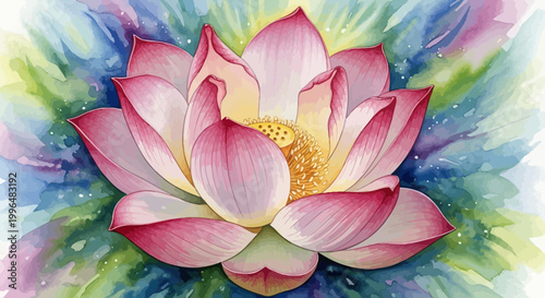 Bild auf Leinwand Vibrant Pink Lotus Flower Watercolor Art, Spiritual Symbol, Zen Garden Bloom
