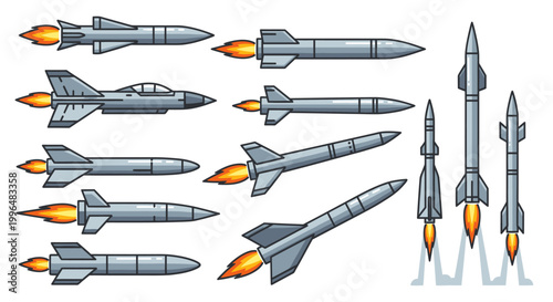 Rocket and missile icon set with flames isolated on white