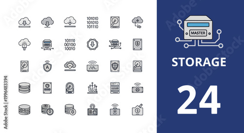 Cloud Computing and Data Storage Vector Line Icons
