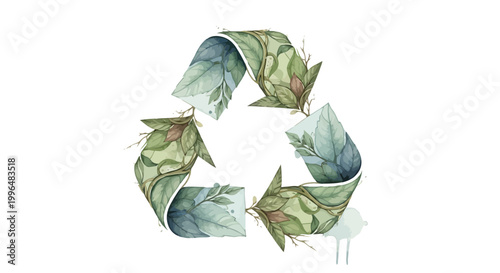 Watercolor Recycling Symbol with Green Leaves and Buds, Eco-friendly Concept