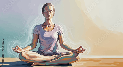 Woman meditating in lotus pose outdoors, serene mind, spiritual practice, peaceful lifestyle