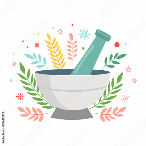 Mortar and Pestle with Botanical Elements