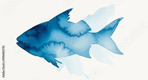 Abstract Blue Fish Silhouette with Watercolor Texture and Contour Lines