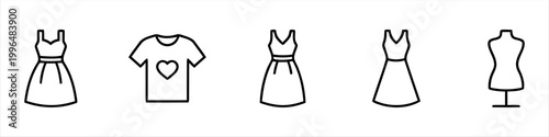 Collection of clothing icons featuring dresses and t-shirts on white background