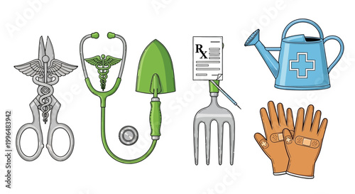Medical gardening and healthcare tools icons on white background