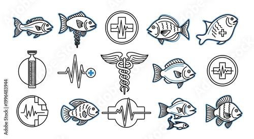 Medical fish and healthcare symbols isolated on white background