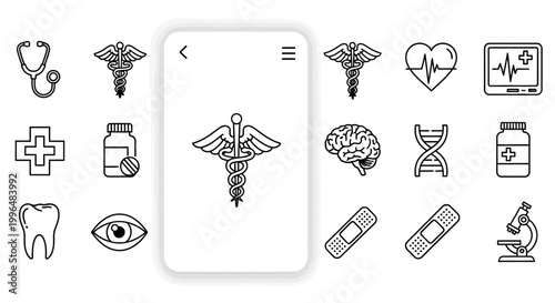 Medical icons illustrated healthcare symbols and digital mobile app interface