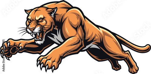 A fierce, illustrated wildcat is shown in a dynamic pose, with sharp claws and an open mouth, ready to pounce and attack, isolated on white background