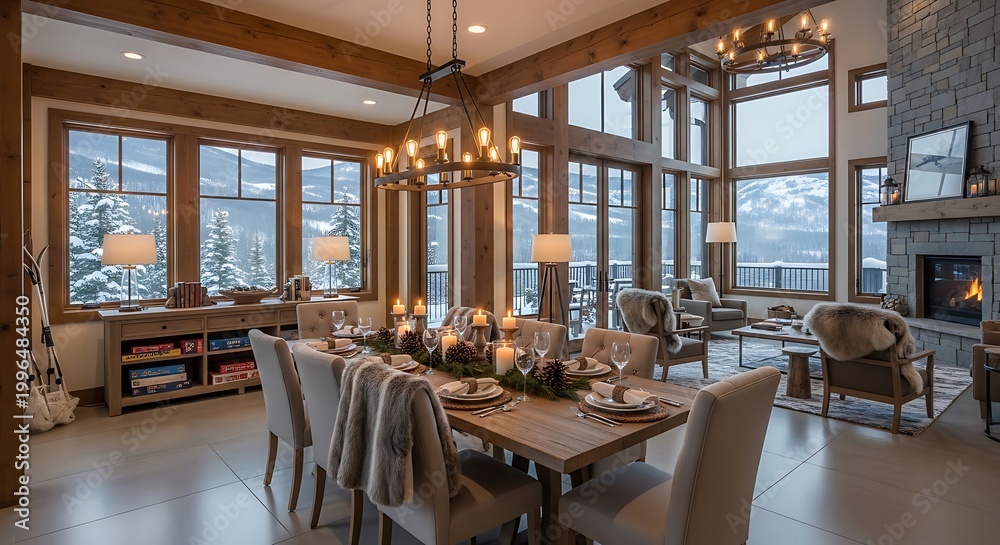 Fototapeta premium Elegant dining room with large windows showcasing a snowy mountain landscape, set for a festive holiday meal