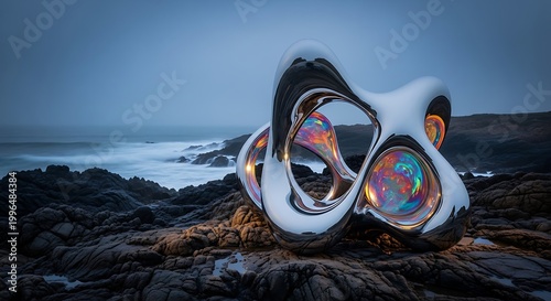 Surreal metallic art piece reflecting dynamic colors, contrasting its sleek, abstract form against the wild, dark ocean shore under a dramatic sky, evoking futuristic wonder