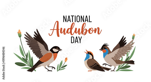 Vector illustration commemorating National Audubon Day with a bird conservation awareness theme, featuring colorful bird species illustrations among green foliage against a clean white