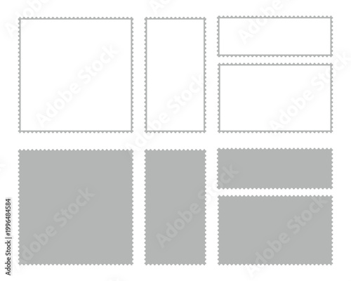 Konstfotografi Grey postage stamp frames and solid shapes with perforated edges isolated on tra