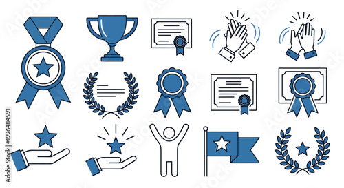 Collection of award ribbons, trophies, medals, and laurel icons for achievements and recognition across celebrations.