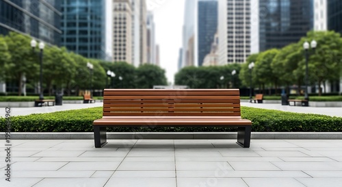 Empty wooden park bench offering a tranquil spot amidst a bustling modern city street with blurred skyscrapers and green trees, perfect for urban relaxation and contemplation