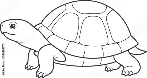A simple black and white illustration of a turtle, a reptile with a protective shell, walking on a white background