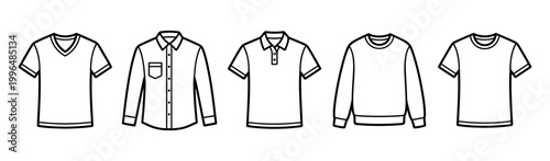 Collection of diverse men's casual and formal clothing outlines, showcasing various shirt styles and apparel designs