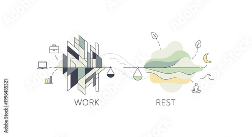 Minimalist work life balance concept illustration with scales and icons