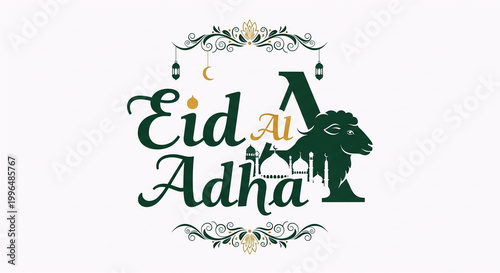 Classic Eid Al-Adha Typography with Sheep and Mosque Icon