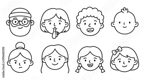 Vector graphic illustration of Diverse Cartoon Faces Line Art Vector Illustrations for Kids Educational Materials, Black and White Style, Emotive Expressions Vector