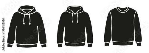 Black hooded and crewneck sweatshirts, casual outerwear apparel