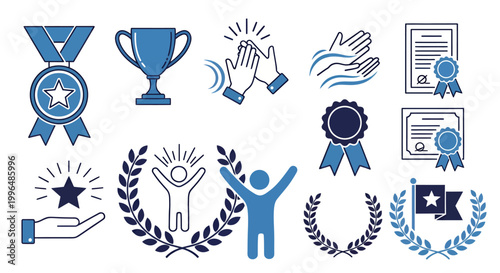 Celebration of achievement with trophies, ribbons, and cheering figures at an award ceremony.