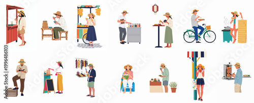 Obraz na plátně Diverse collection of people enjoying international street food culture, exploring markets, and tasting local delicacies in various flat vector illustrations