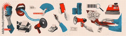 Shopping and retail halftone collage set with hands, smartphone, megaphone, cash register, money and price tags. Shopping and buying concept.