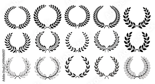 Collection of circular laurel wreath insignias and decorative emblems for certificates and awards assets.
