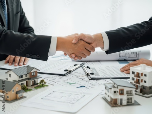 Business partners shaking hands over real estate plans