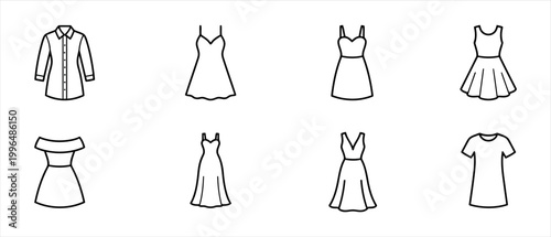 Collection of fashion clothing items and dresses in outline style