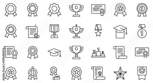 Collection of award icons featuring medals, certificates, ribbons, trophies and achievement symbols.