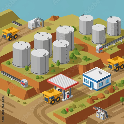 Industrial mining site with storage tanks.