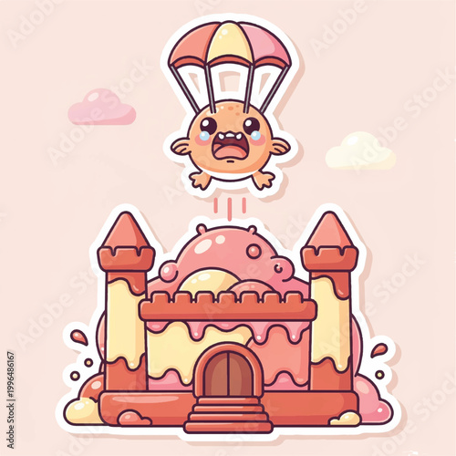 Cute cartoon character parachuting onto a bouncy castle.