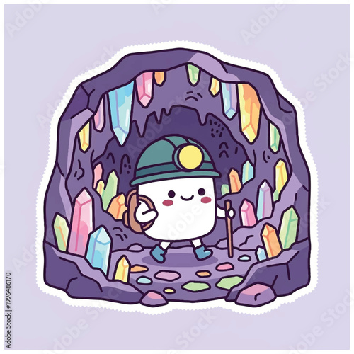 Cute cartoon character miner exploring a crystal cave.
