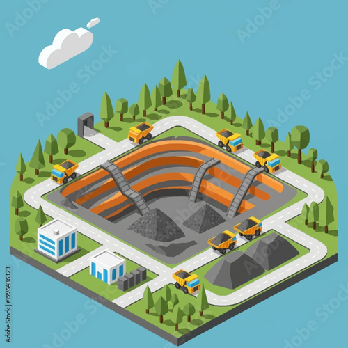 Isometric illustration of industrial mining operations.