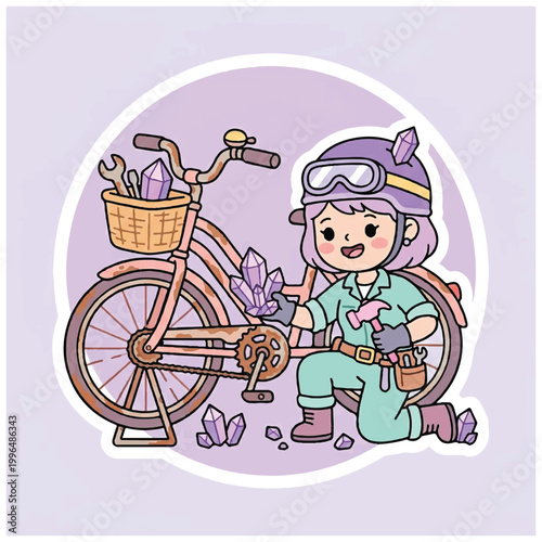 Cute Cartoon Girl Fixing a Bicycle with Crystals.