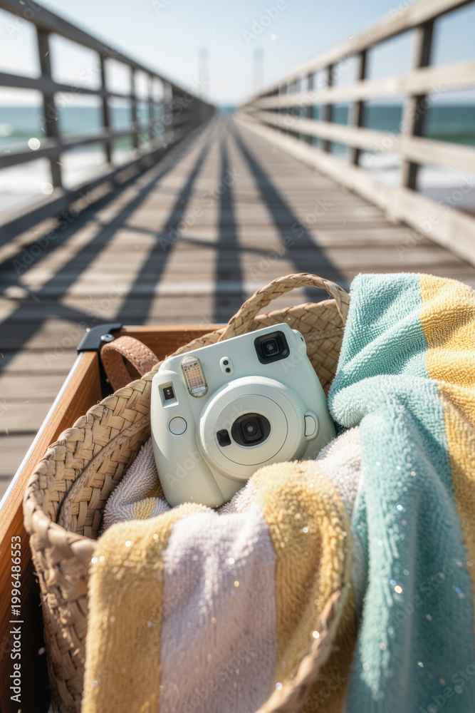 Fototapeta premium Woven beach bag with instant camera and striped towel on sunlit boardwalk