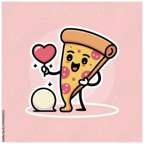 Canvastavla Cute cartoon pizza slice character holding a heart lollipop.