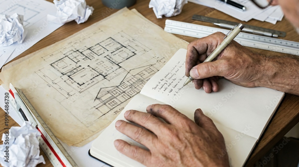 Naklejka premium Architect's hands working on a detailed building plan with a pencil and notebook on a wooden desk surrounded by crumpled papers and drafting tools.