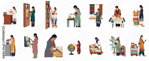 Photos Collection of illustrations depicting South Asian women working as historians, archivists, librarians, and researchers in various academic and cultural settings