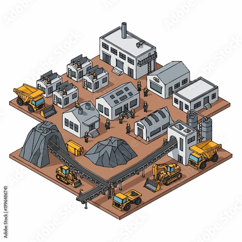 Isometric industrial mining facility with equipment.