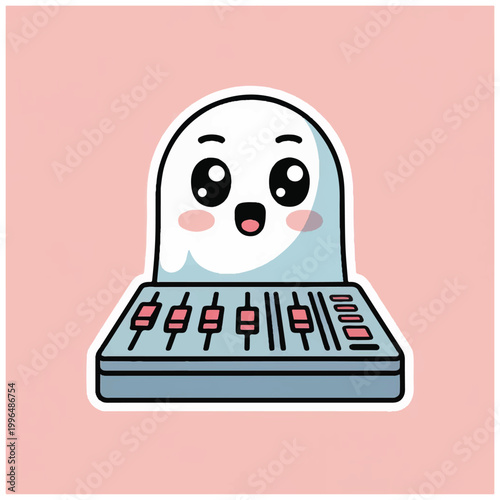 Cute Ghost DJ Mixer Character with Big Eyes.