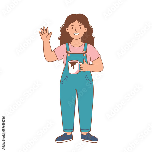 Vector graphic illustration of Woman in teal overalls waving with coffee cup, casual female character in pink shirt and blue dungarees, smiling worker or farmer illustration Vector