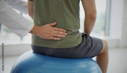 Photos A physical therapist examines the lower back of a patient sitting on a blue exercise ball in a clinic