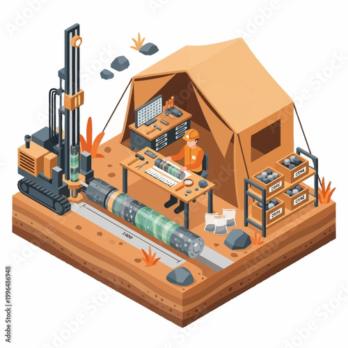 Isometric illustration of a mining site.