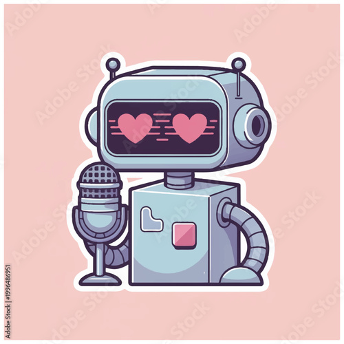 Cute Robot with Heart Eyes Holding Microphone on Pink Background.