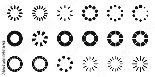 Collection of black circular loading and progress indicators isolated on transparent background